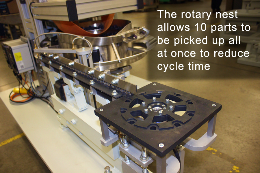 Rotary indexer nest allows 10 parts to be picked at once