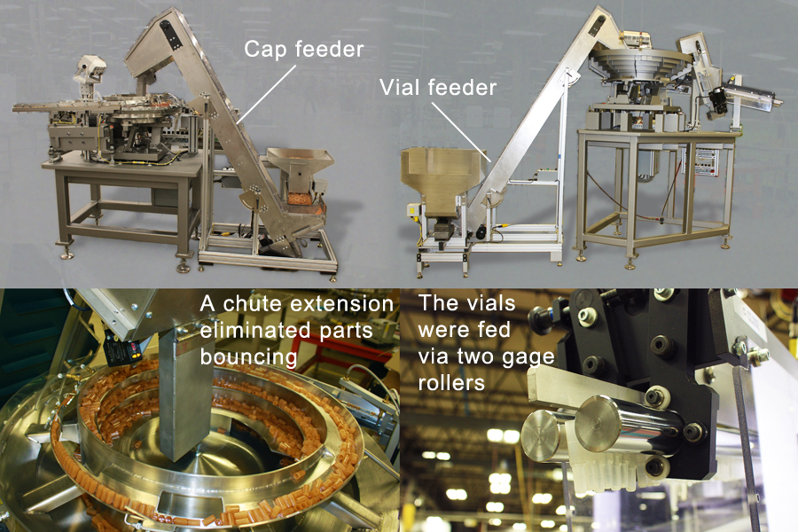 Two parts feeders synced for assembly automation