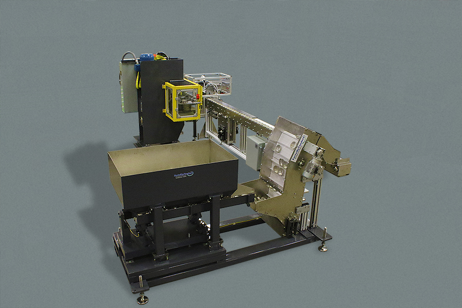 Parts feeder loads and unloads stamping press